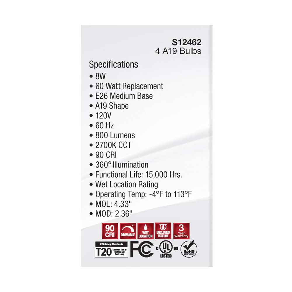 4Pk - 8W A19 LED Clear Warm White 2700K Medium Base 120v - 60W equiv - Image 6