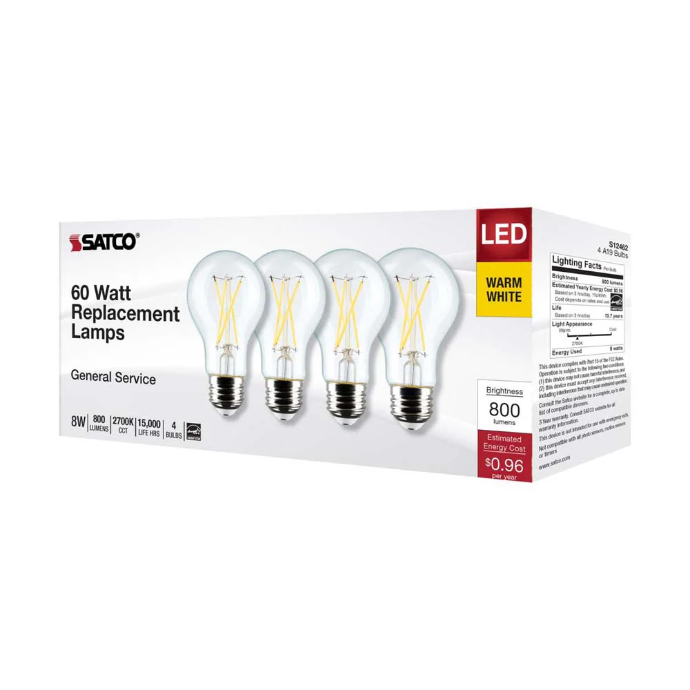 4Pk - 8W A19 LED Clear Warm White 2700K Medium Base 120v - 60W equiv - Image 7