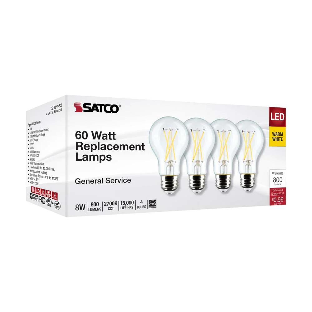 4Pk - 8W A19 LED Clear Warm White 2700K Medium Base 120v - 60W equiv - Image 8