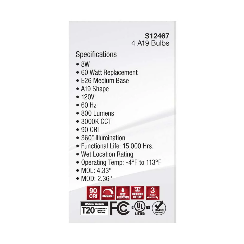 4Pk - 8W A19 LED Soft White 3000K Medium Base 120v - 60W equiv - Image 6