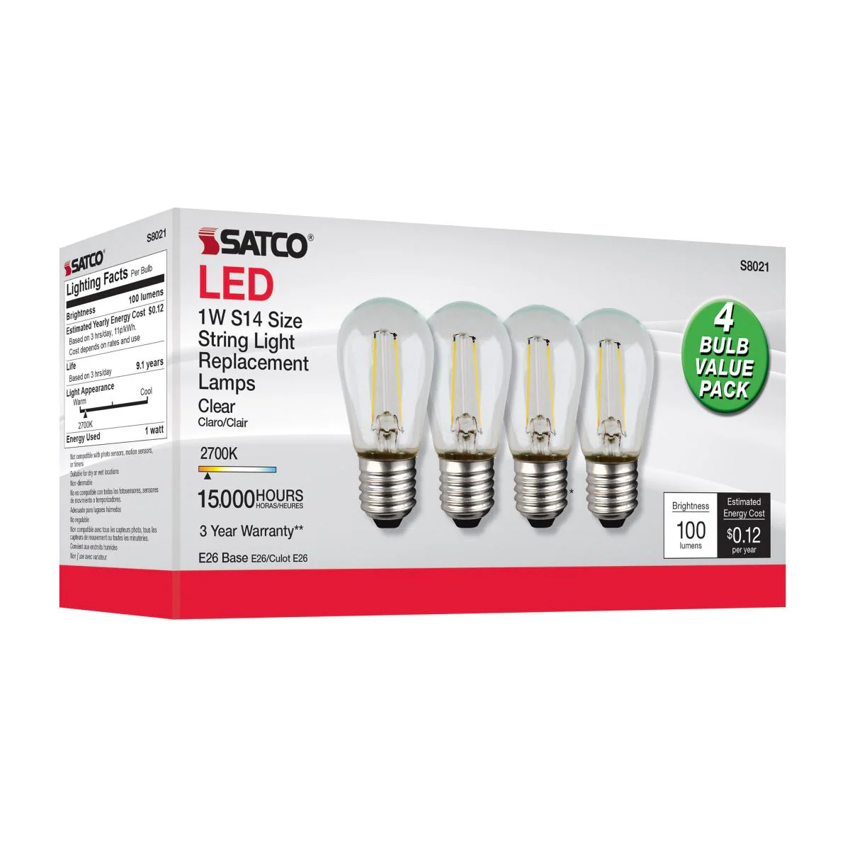 4Pk- Satco 120 Volt S14 LED String Light Replacement Bulb 2700K - Image 3