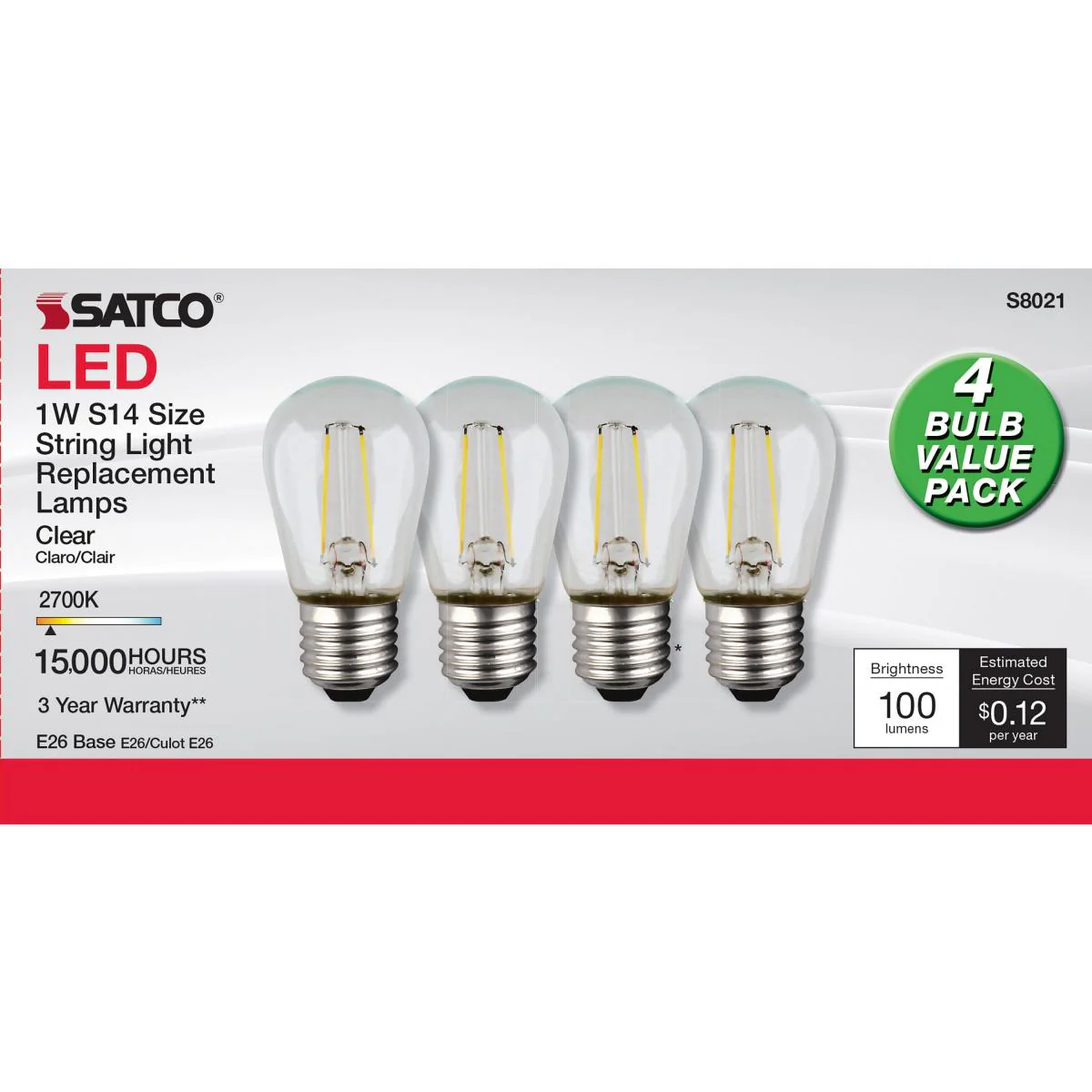 4Pk- Satco 120 Volt S14 LED String Light Replacement Bulb 2700K - Image 4