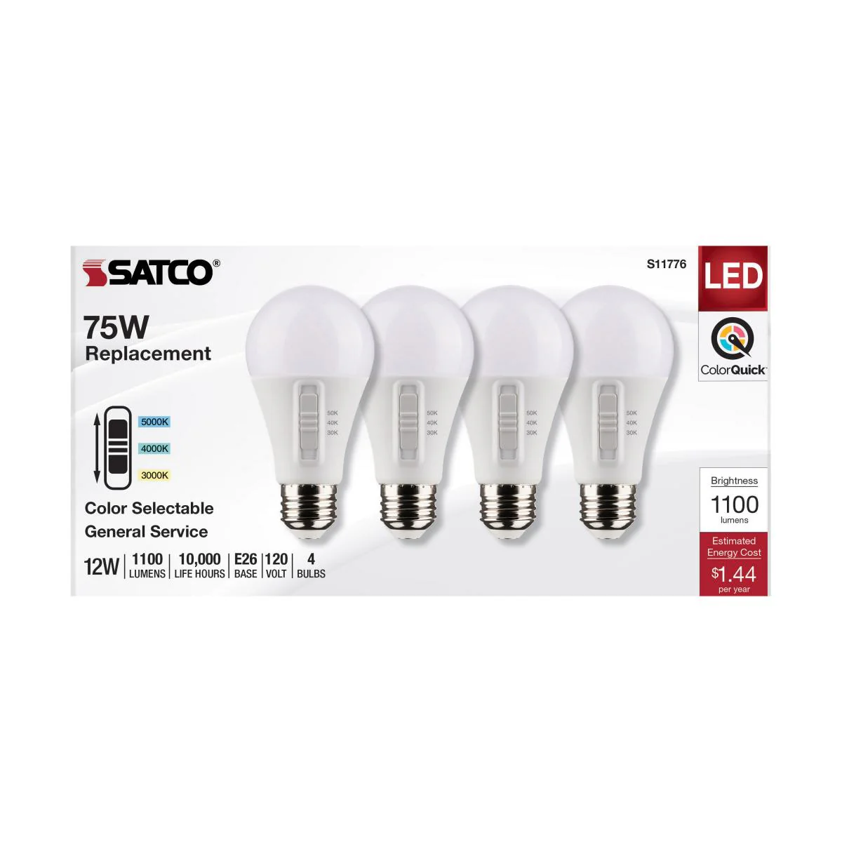 4Pk - Satco 12w A19 LED 120v CCT Selectable 90 CRI White Finish Bulb - Image 4