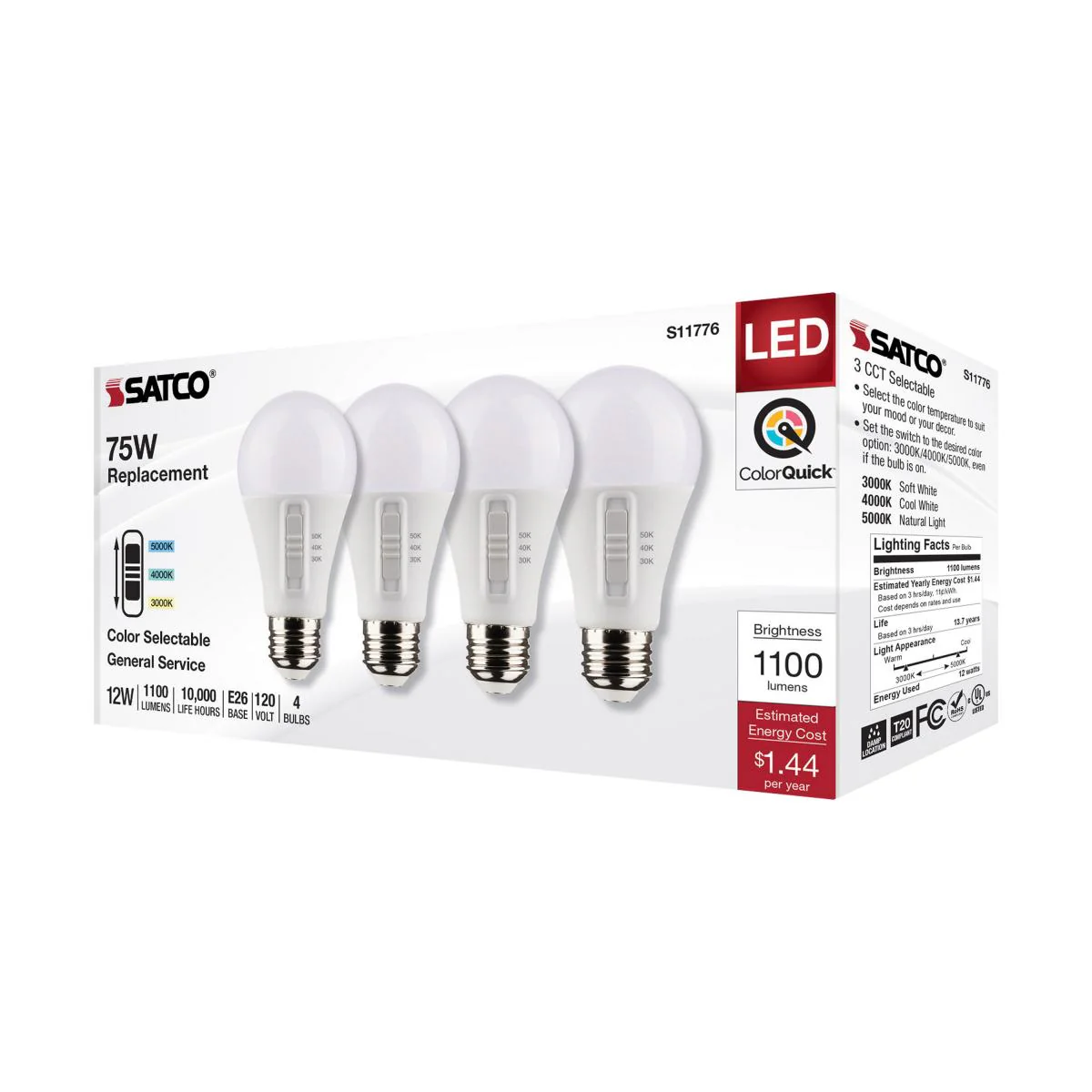 4Pk - Satco 12w A19 LED 120v CCT Selectable 90 CRI White Finish Bulb - Image 6