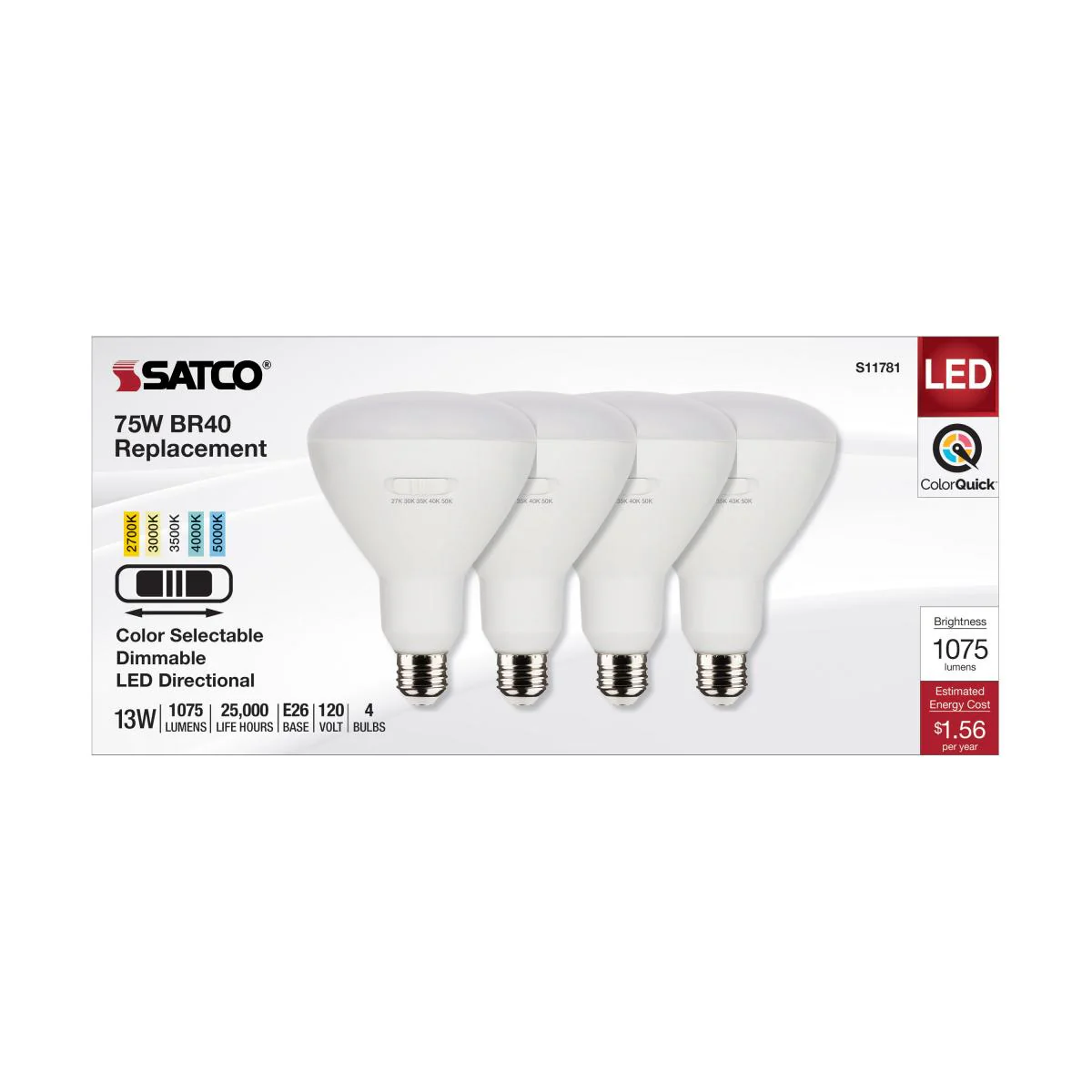 4Pk - Satco 13w BR40 LED 120v CCT Selectable 90 CRI White Finish Bulb - Image 3