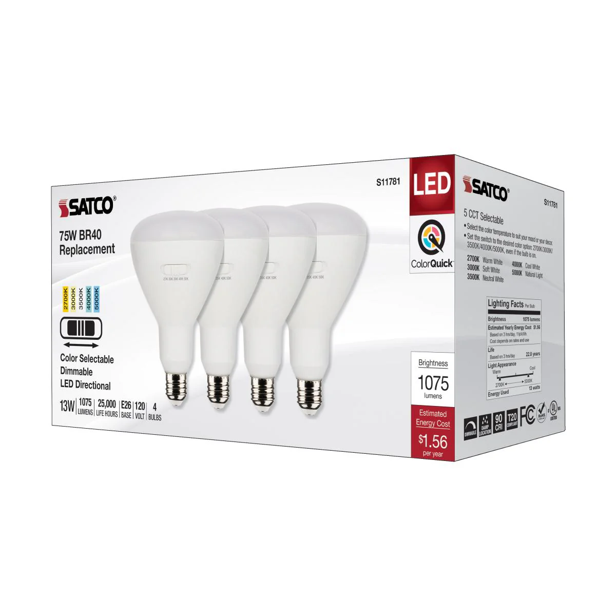 4Pk - Satco 13w BR40 LED 120v CCT Selectable 90 CRI White Finish Bulb - Image 5