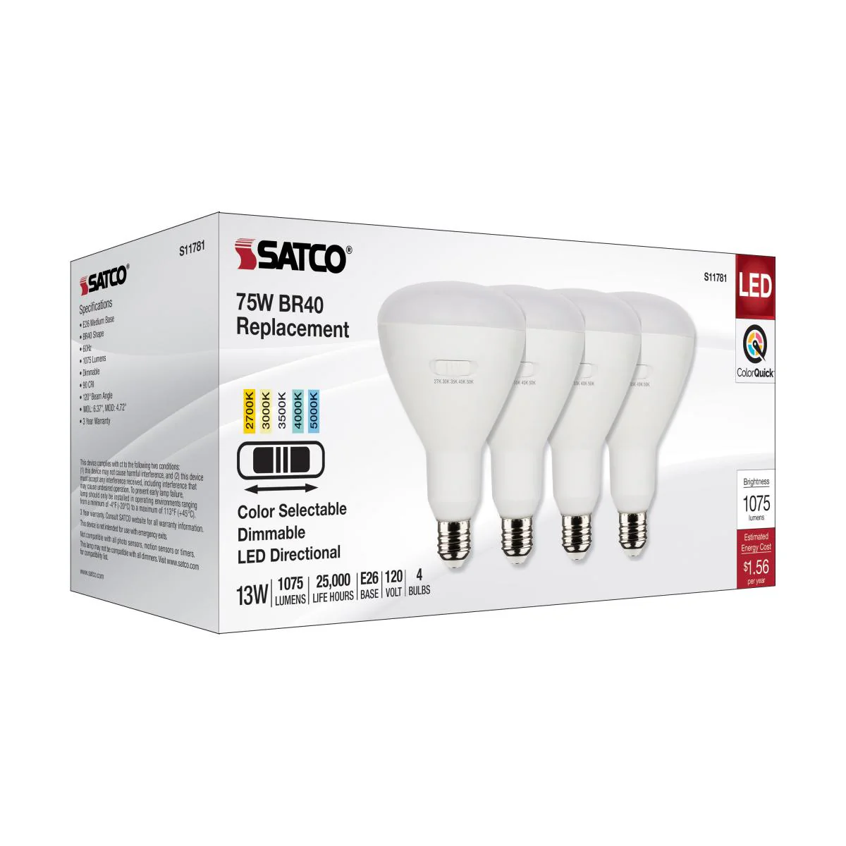4Pk - Satco 13w BR40 LED 120v CCT Selectable 90 CRI White Finish Bulb - Image 6