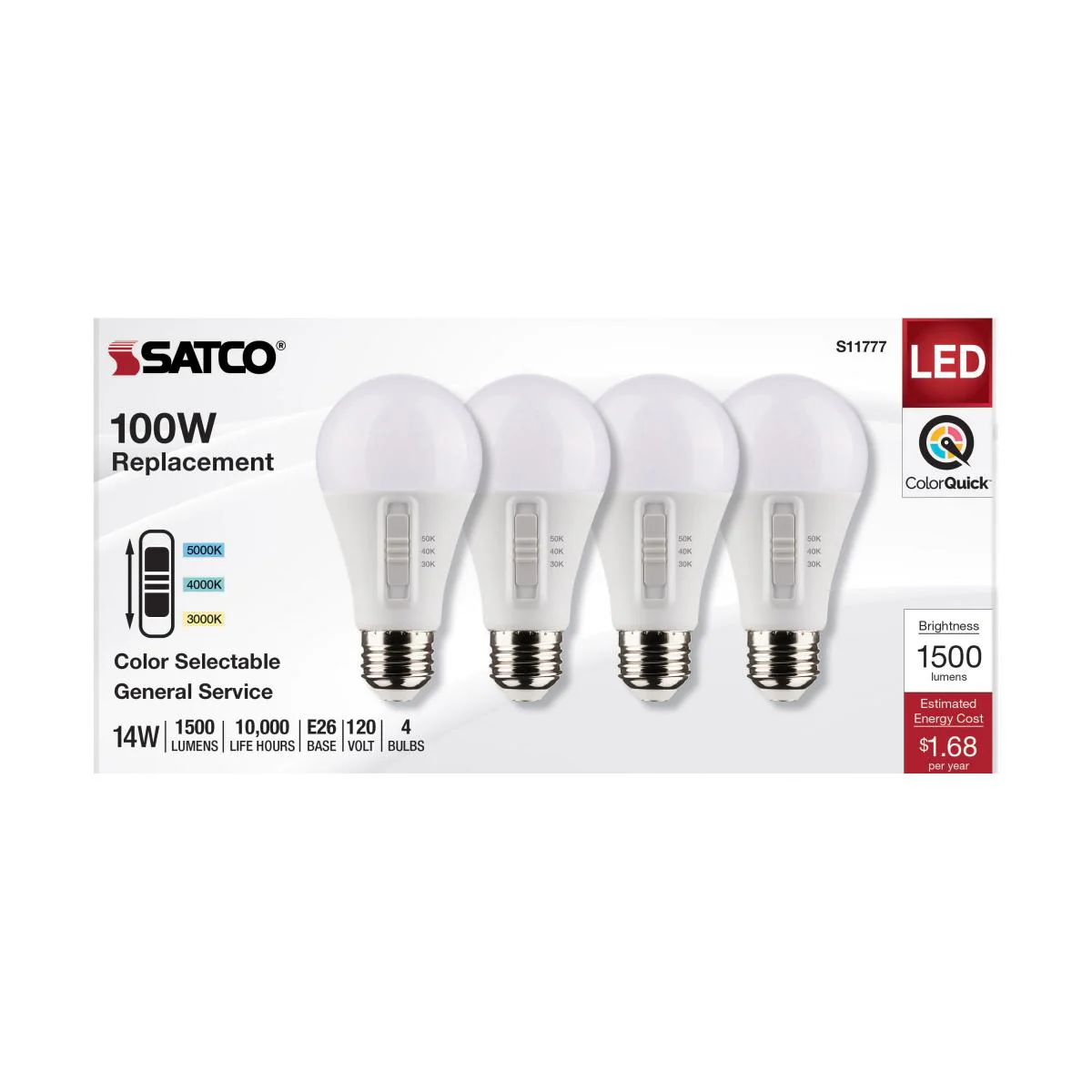 4Pk - Satco 14w A19 LED 120v CCT Selectable 90 CRI White Finish Bulb - Image 4