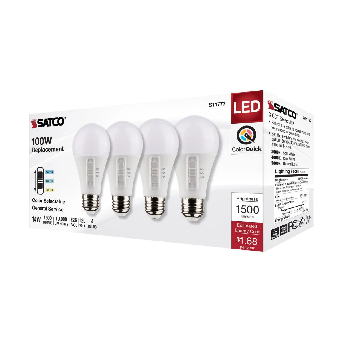 4Pk - Satco 14w A19 LED 120v CCT Selectable 90 CRI White Finish Bulb - Image 6