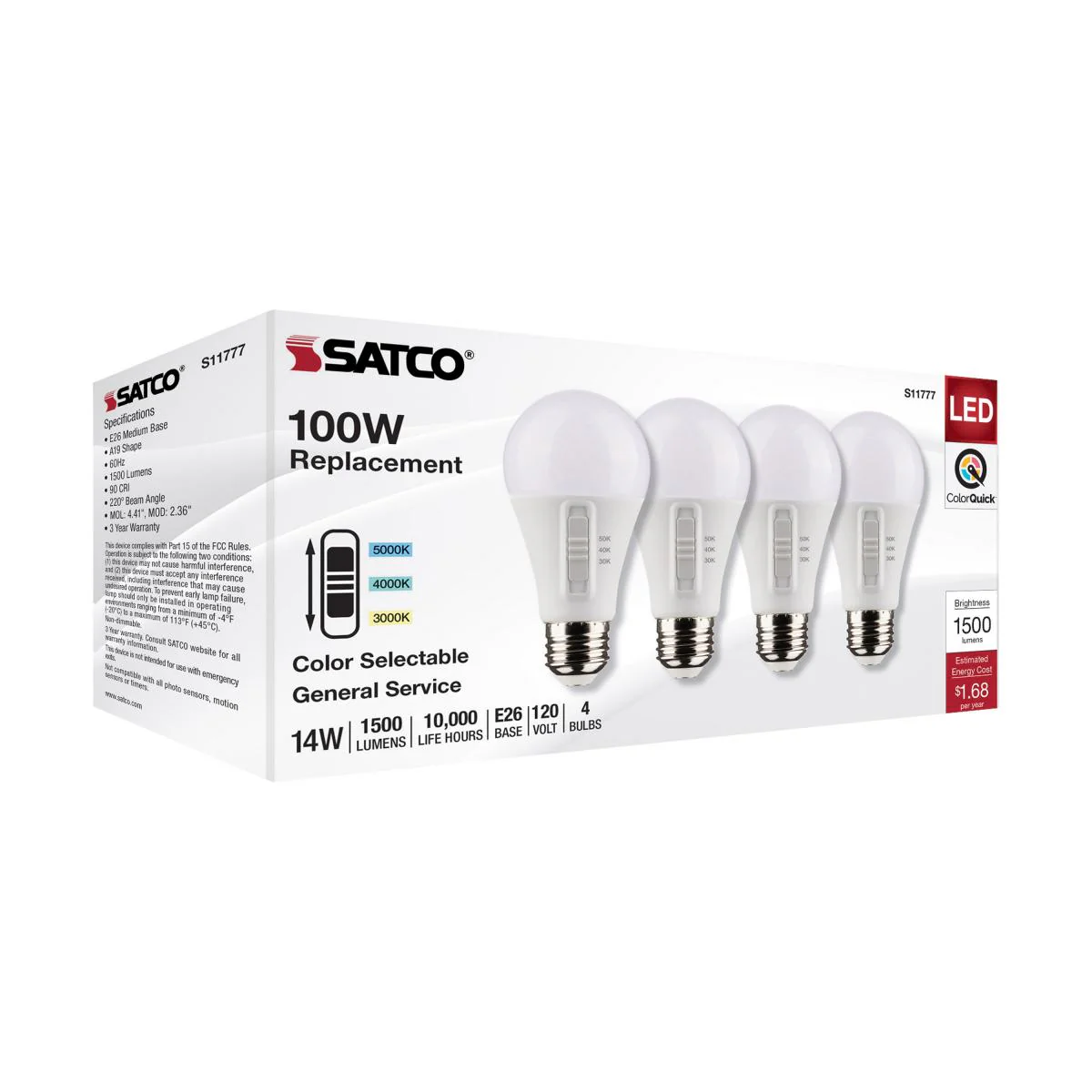 4Pk - Satco 14w A19 LED 120v CCT Selectable 90 CRI White Finish Bulb - Image 7