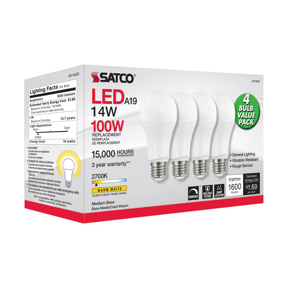 4Pk - Satco 15.5w 120v A19 LED E26 Medium Base 1600 Lumens 2700k Warm White - Image 2