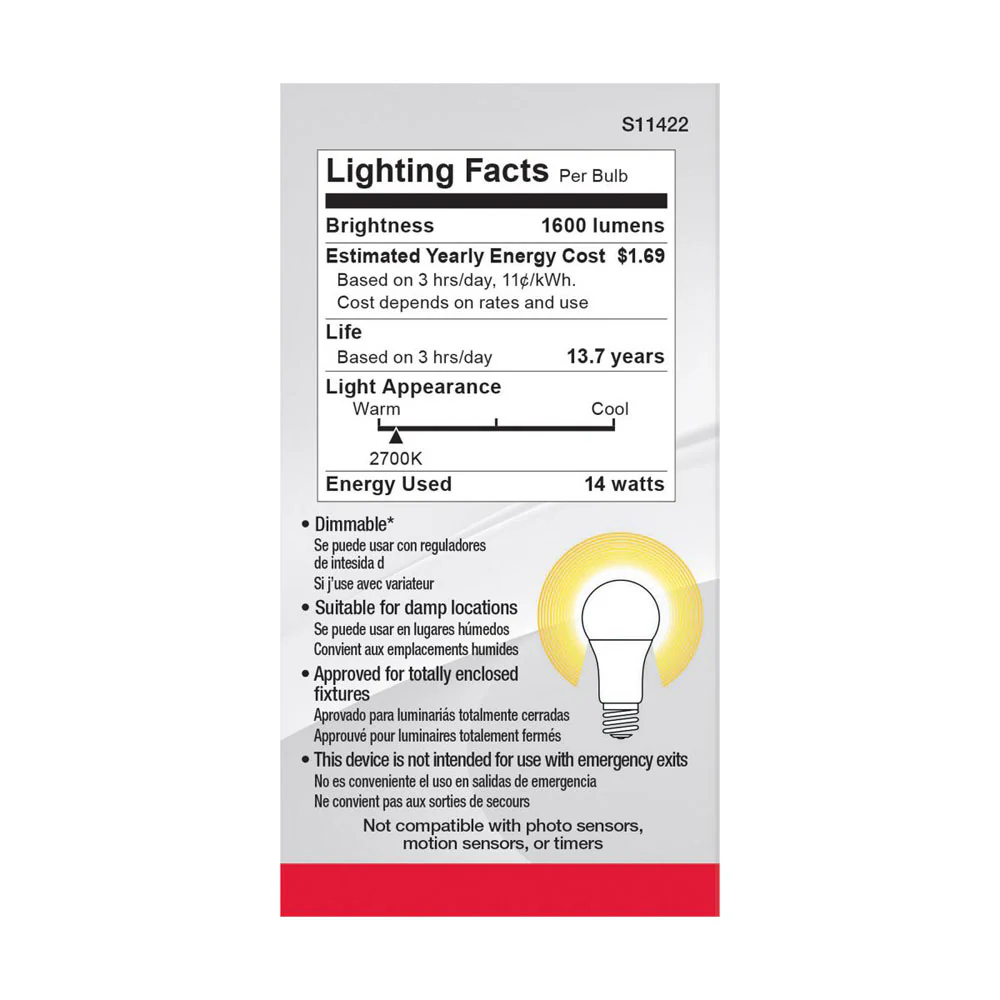 4Pk - Satco 15.5w 120v A19 LED E26 Medium Base 1600 Lumens 2700k Warm White - Image 3