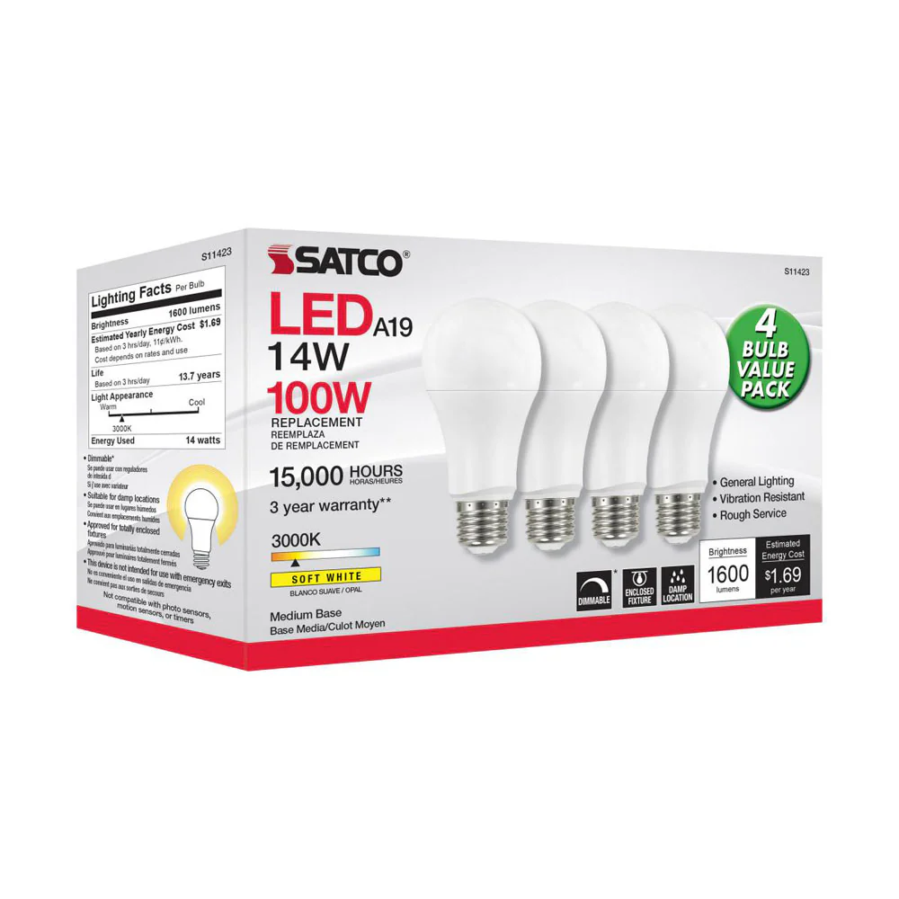 4Pk - Satco 14w 120v A19 LED E26 Base 1600L 3000k Soft White - 100W Equiv - Image 2