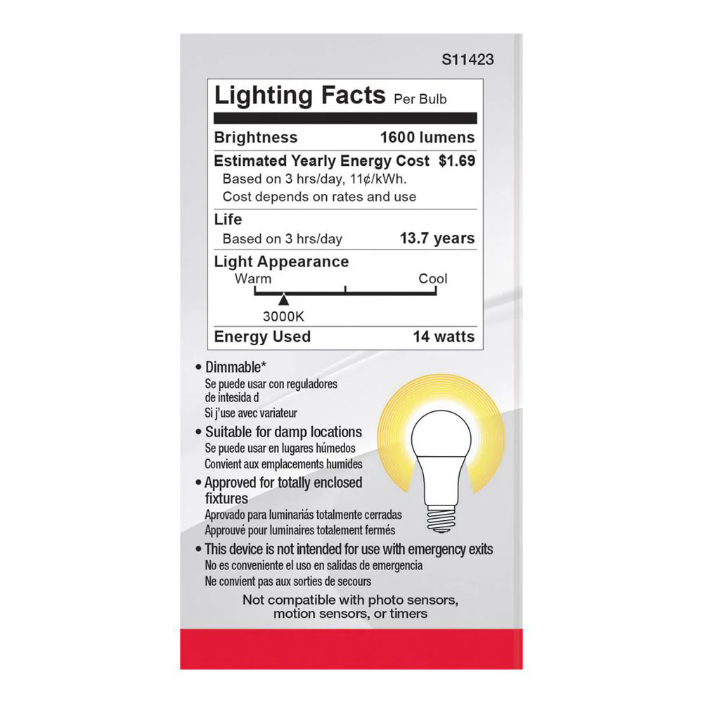 4Pk - Satco 14w 120v A19 LED E26 Base 1600L 3000k Soft White - 100W Equiv - Image 3