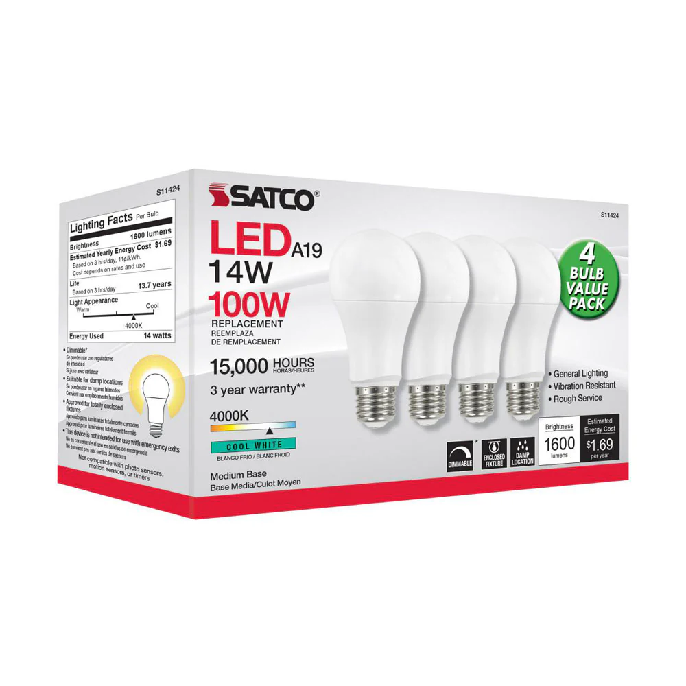 4Pk - Satco 14w 120v A19 LED E26 Base 1600L 4000k Cool White - 100W Equiv - Image 2