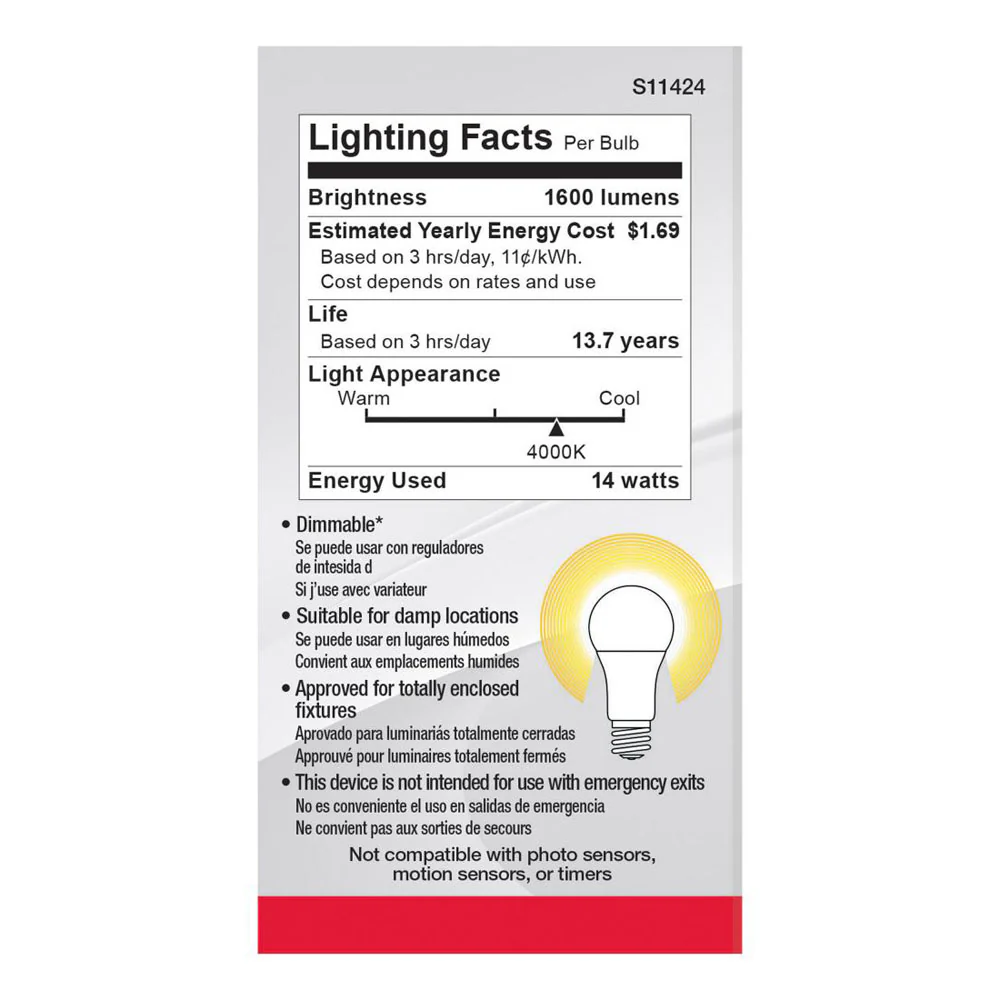 4Pk - Satco 14w 120v A19 LED E26 Base 1600L 4000k Cool White - 100W Equiv - Image 3