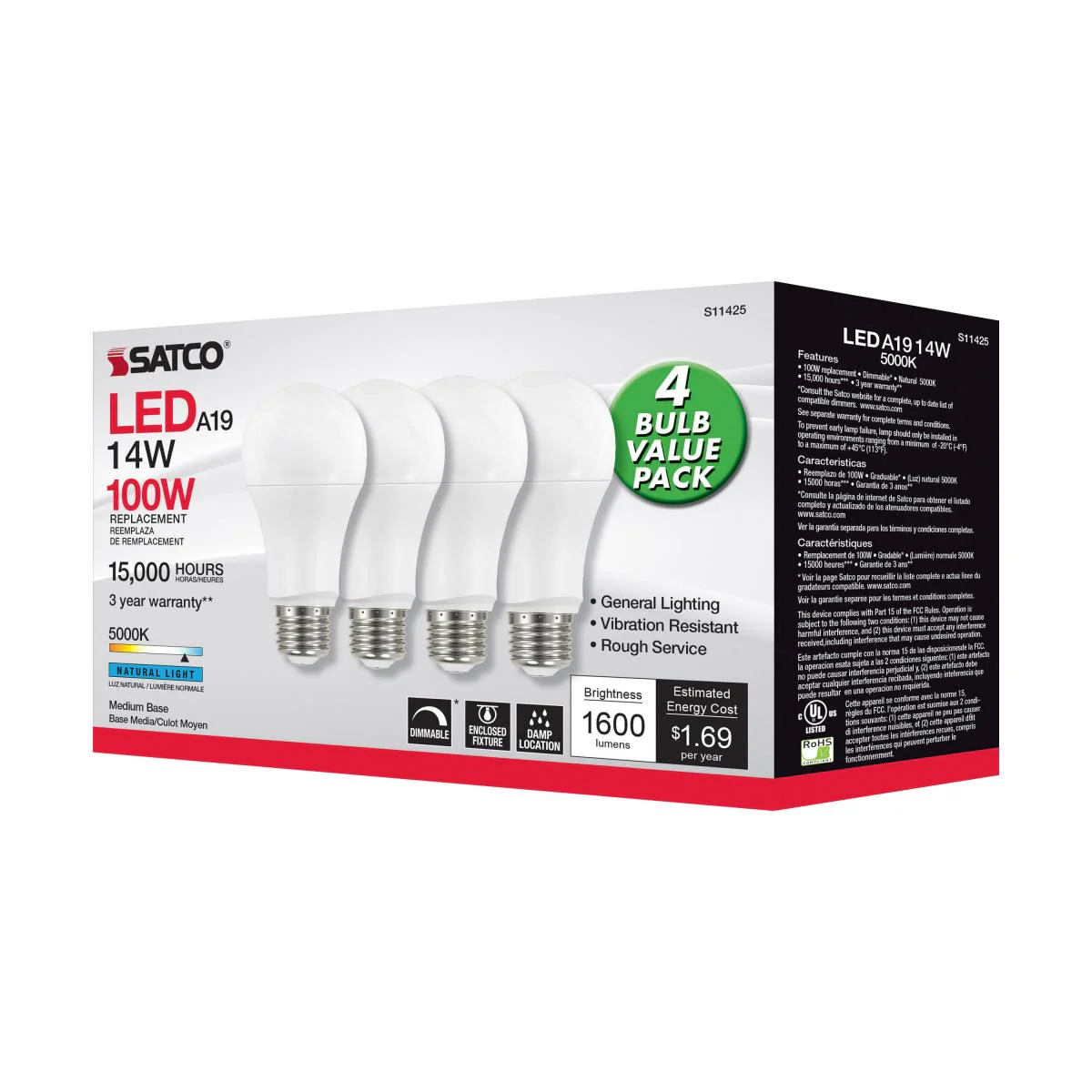 4Pk - Satco 15.5w 120v A19 LED E26 Medium Base 1600 Lumens 5000k Natural Light - Image 2