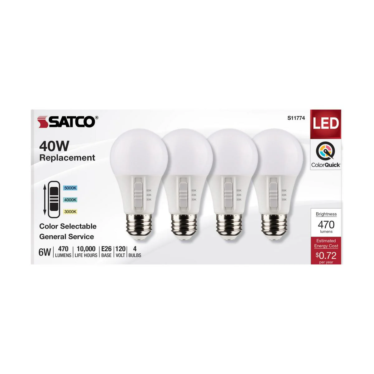 4Pk - Satco 6w A19 LED 120v CCT Selectable 90 CRI White Finish Bulb - Image 4