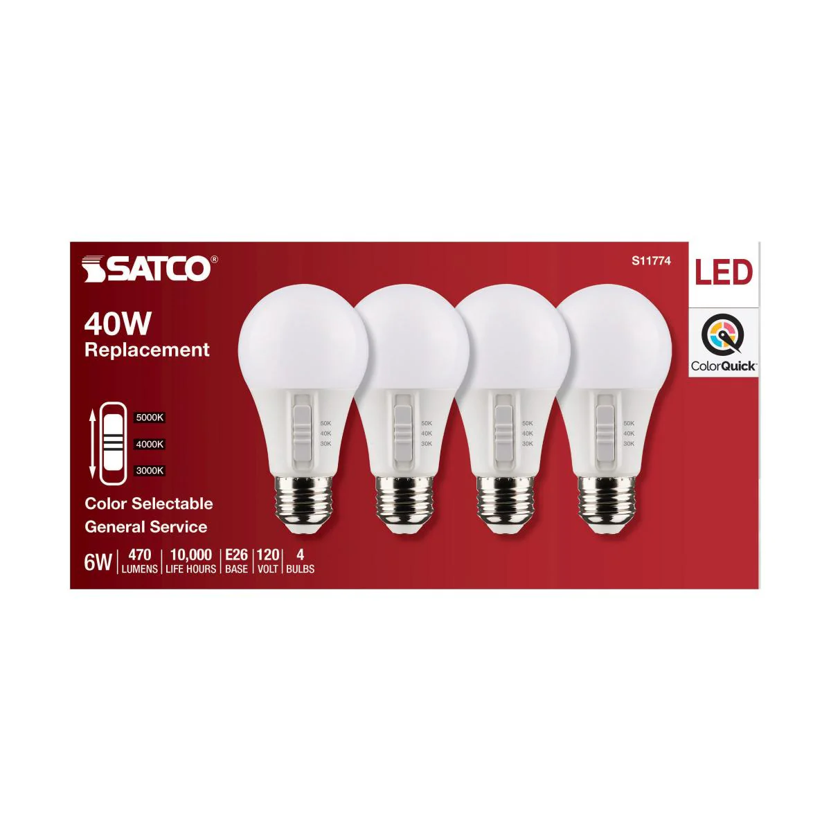 4Pk - Satco 6w A19 LED 120v CCT Selectable 90 CRI White Finish Bulb - Image 5
