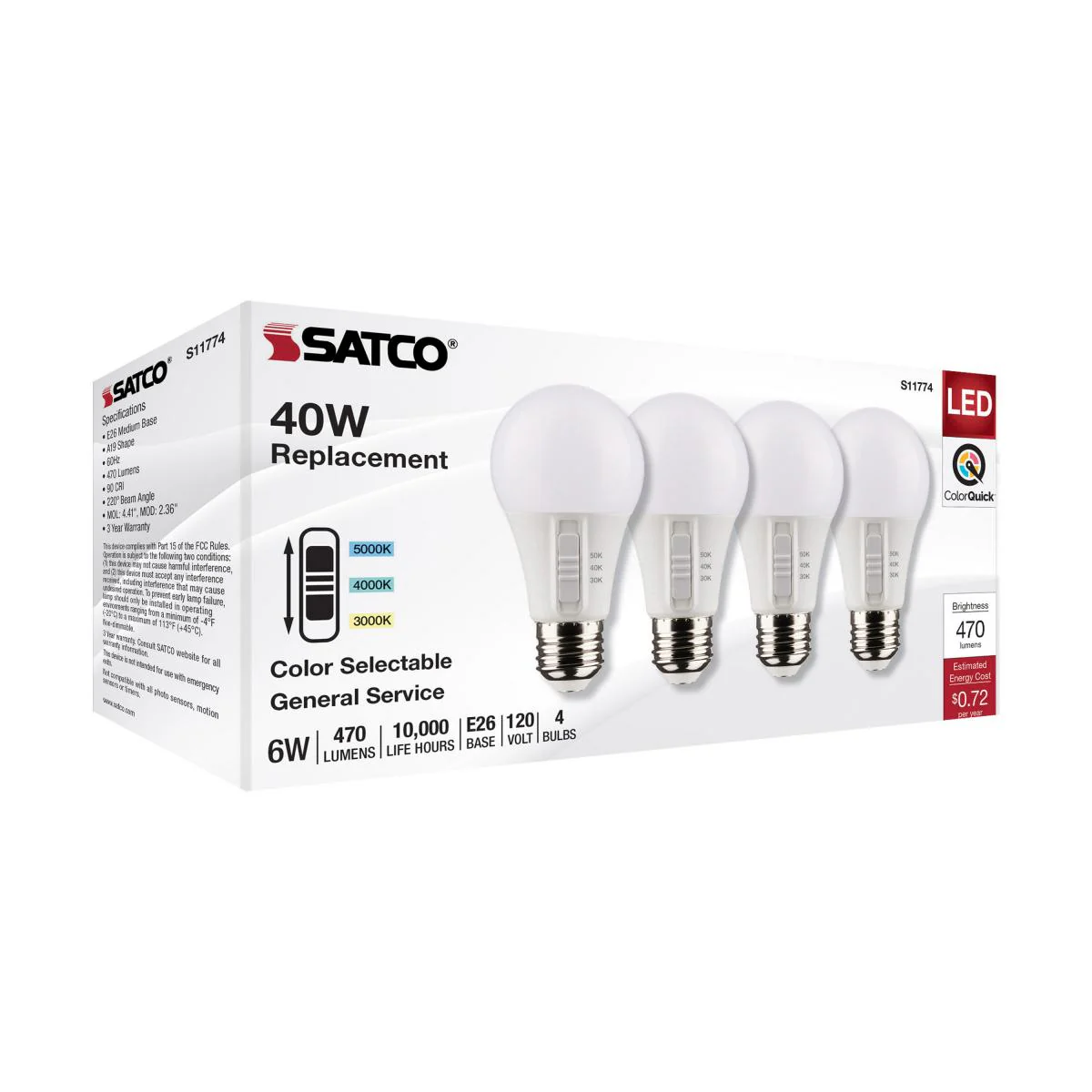 4Pk - Satco 6w A19 LED 120v CCT Selectable 90 CRI White Finish Bulb - Image 7