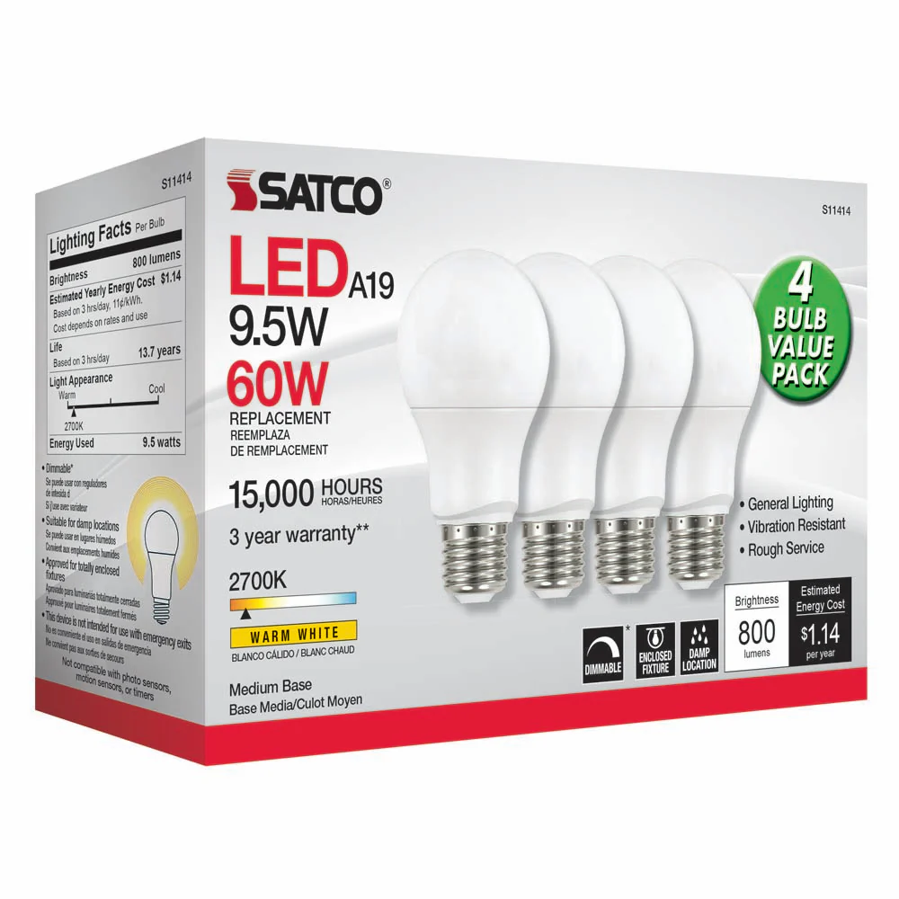 4Pk - Satco 9.5w 120v A19 LED Bulb E26 Medium Base 2700k Warm White - 60w-equiv - Image 2