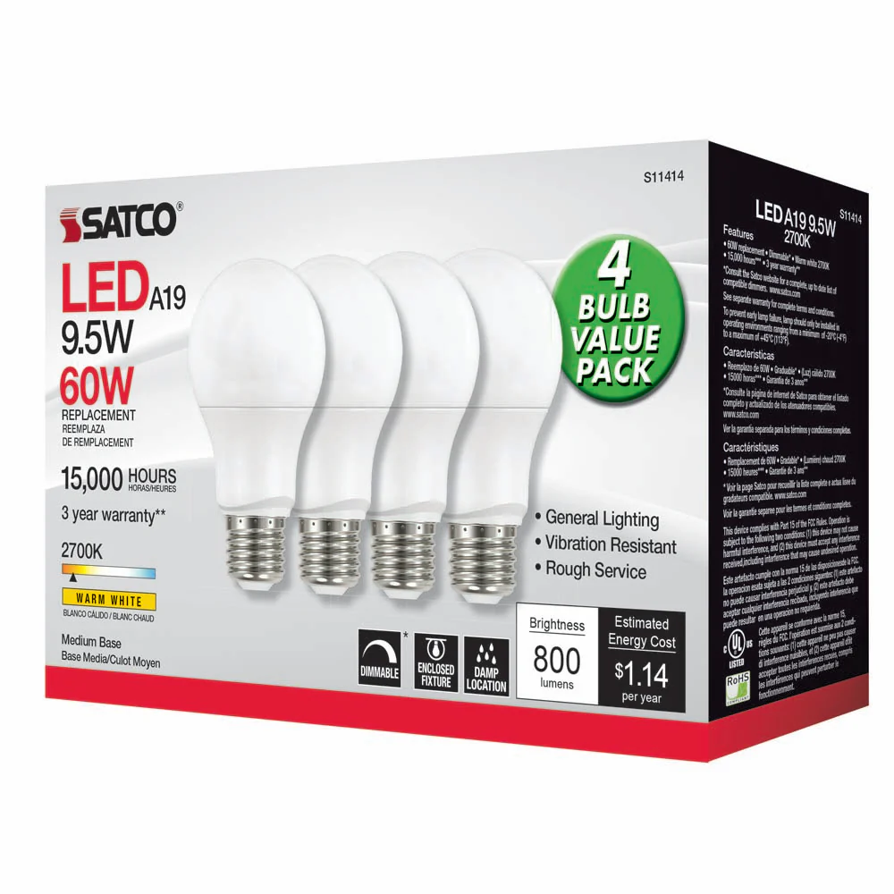 4Pk - Satco 9.5w 120v A19 LED Bulb E26 Medium Base 2700k Warm White - 60w-equiv - Image 3