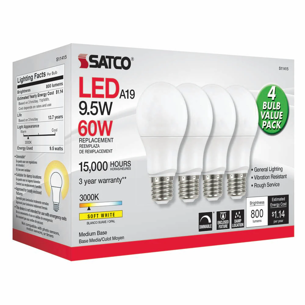 4Pk - Satco 9.5w 120v A19 LED Bulb 3000k Soft White - 60w-equiv - Image 2