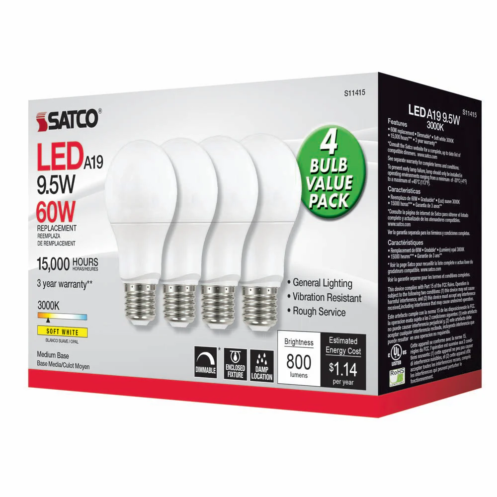4Pk - Satco 9.5w 120v A19 LED Bulb 3000k Soft White - 60w-equiv - Image 3