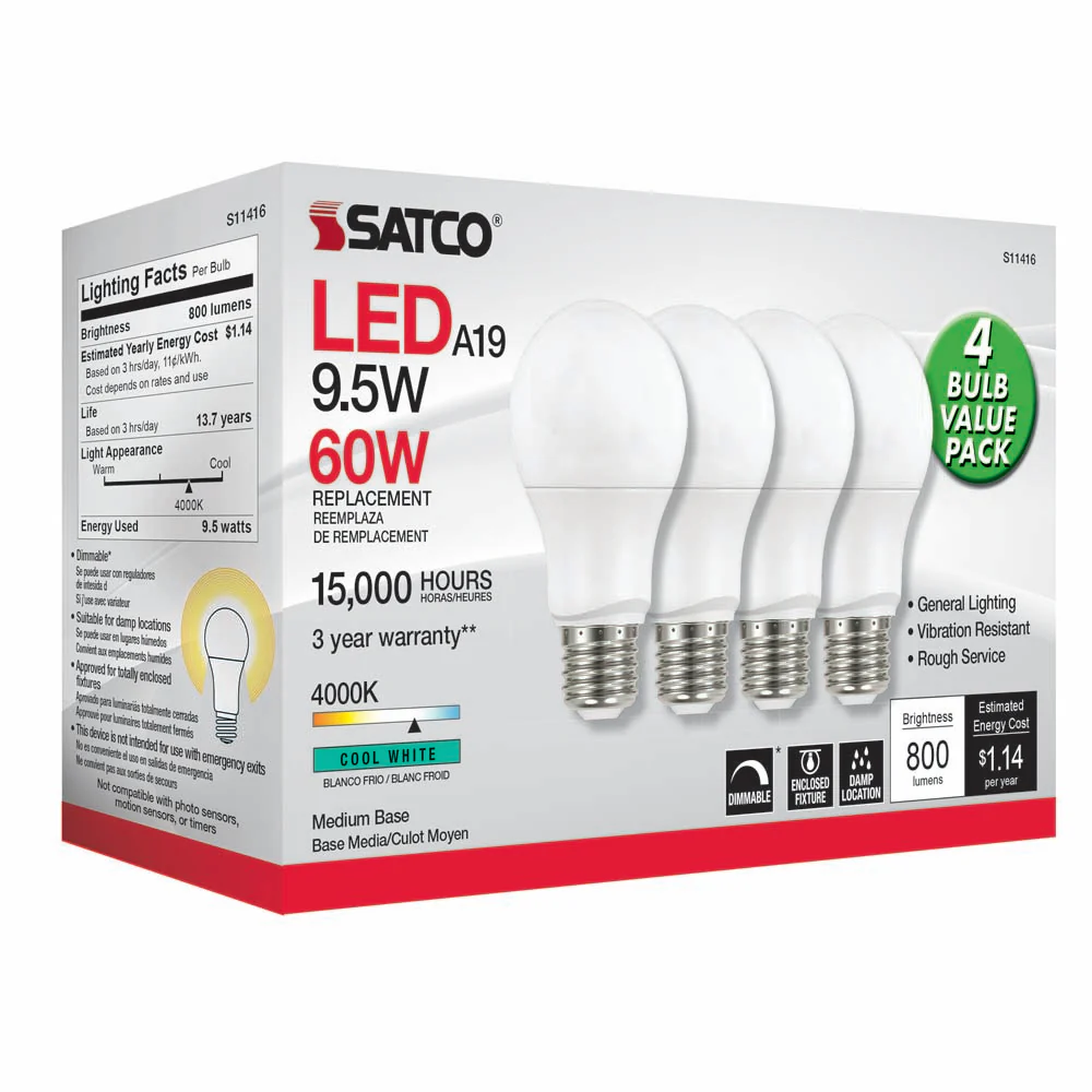 4Pk - Satco 9.5w 120v A19 LED Bulb E26 Medium Base 4000k Cool White - 60w-equiv - Image 2