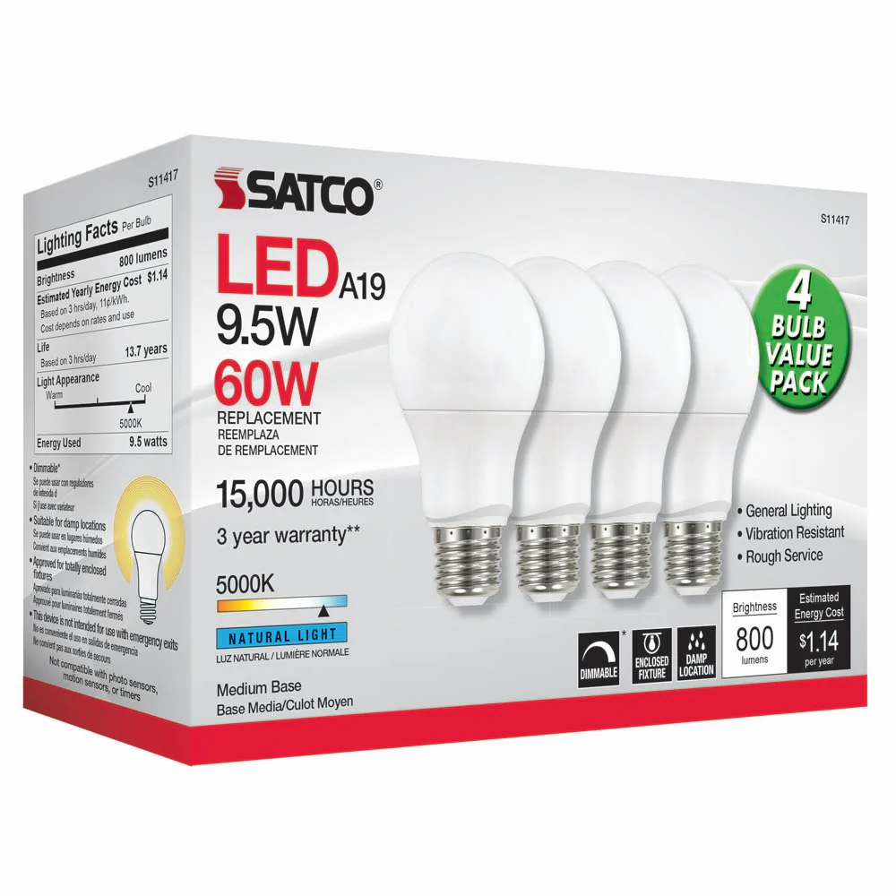 4Pk - Satco 9.5w 120v A19 LED Bulb E26 Base 5000k Natural Light - 60w-equiv - Image 2