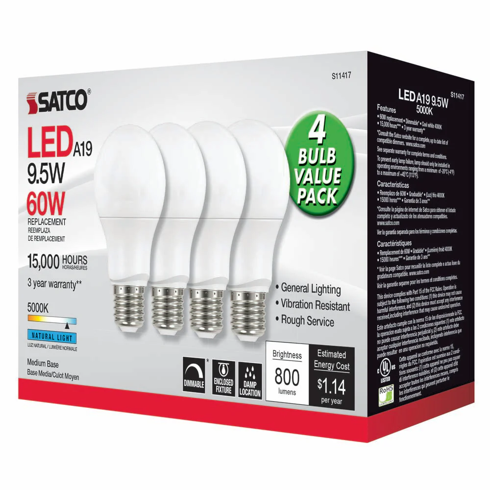 4Pk - Satco 9.5w 120v A19 LED Bulb E26 Base 5000k Natural Light - 60w-equiv - Image 3