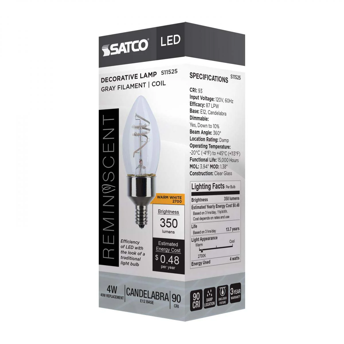4w B11 LED Reminiscent Flex Gray Coil Filament E12 Base 2700K CCT Clear 120v - Image 5