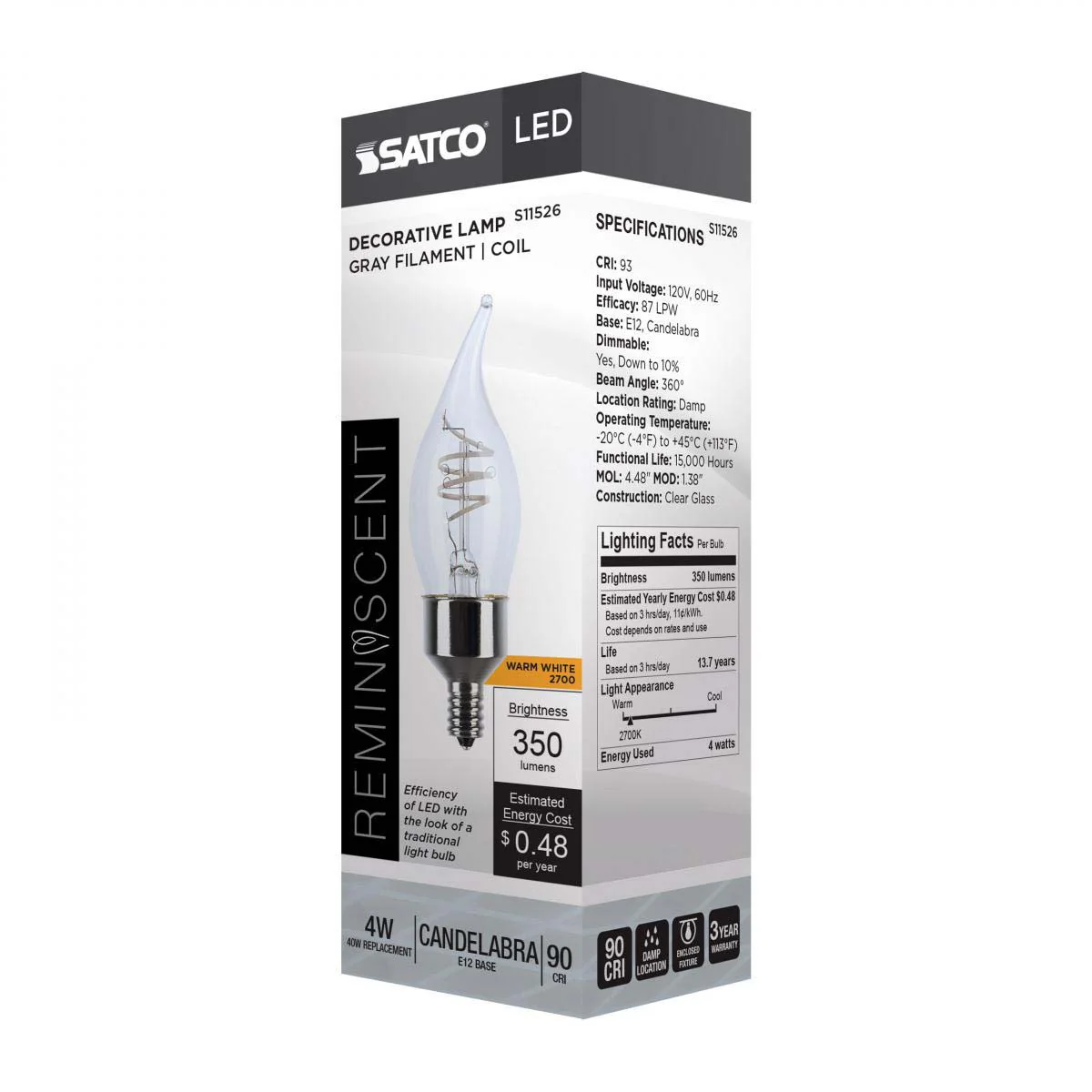 4w CA11 LED Reminiscent Flex Gray Coil Filament E12 Base 2700K CCT Clear 120v - Image 6