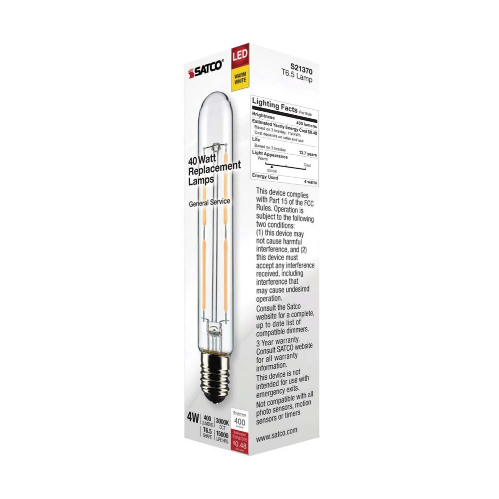 Satco 4W T6.5 LED Clear Intermediate Base 3000K Warm White 400 Lumens 120v - Image 7