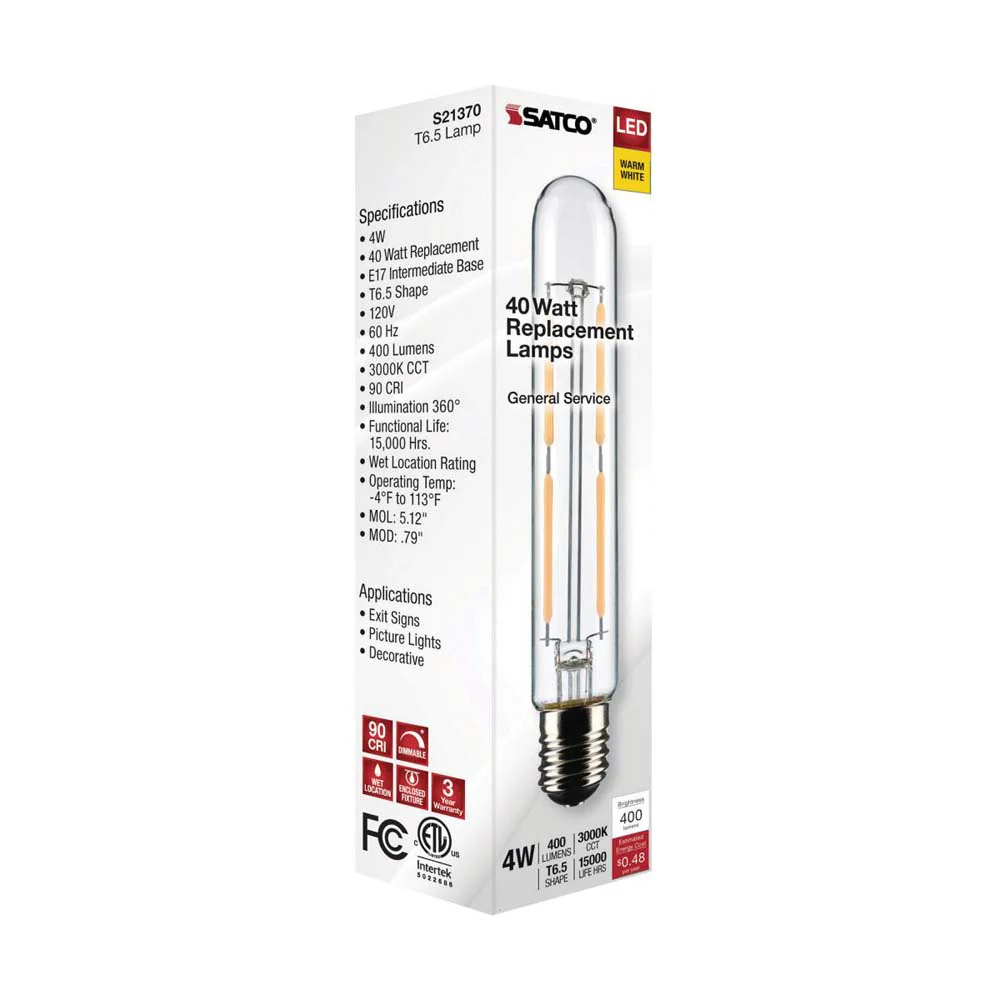 Satco 4W T6.5 LED Clear Intermediate Base 3000K Warm White 400 Lumens 120v - Image 8