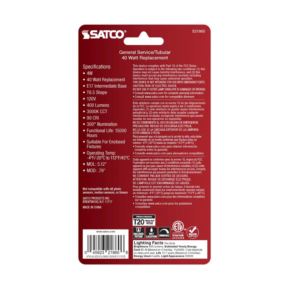Satco 4W T6.5 LED Clear Intermediate Base 3000K Soft White 400 Lumens 120v - Image 3