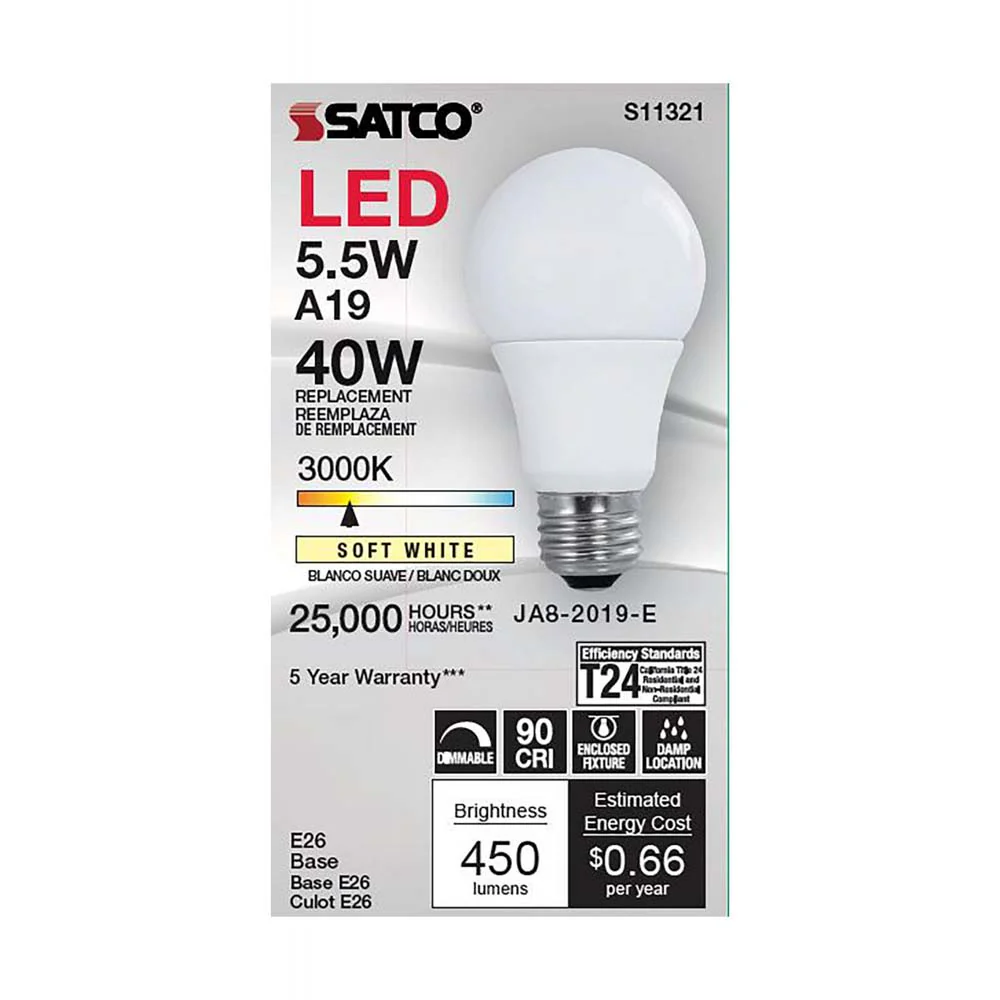 5.5W A19 LED 3000K Medium base 220 deg. Beam Angle 120v - Image 2