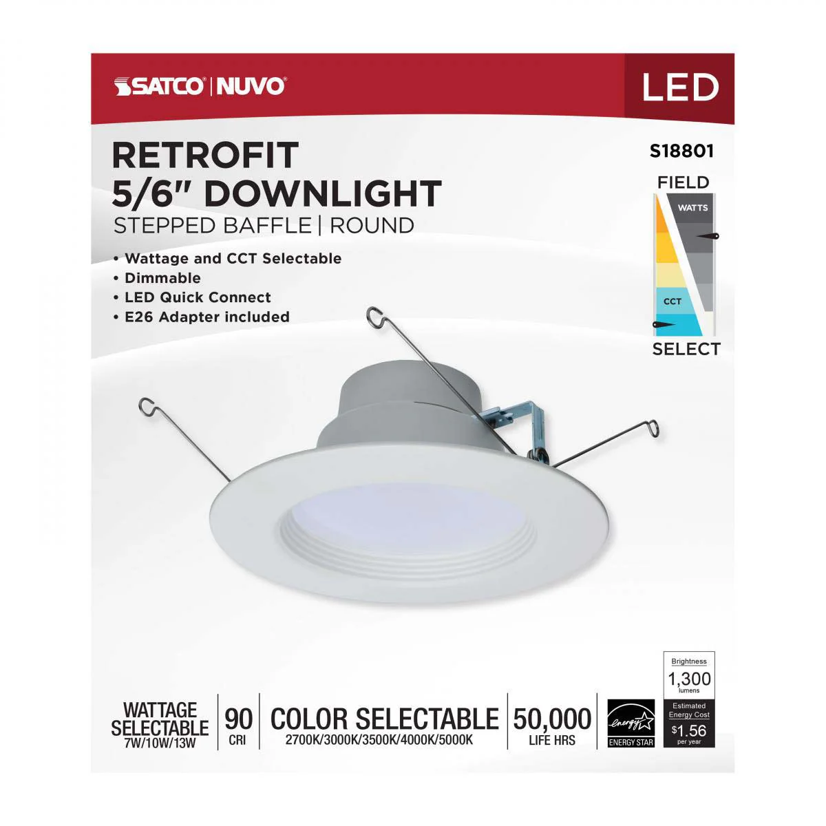 5-6-in LED Retrofit Downlight Wattage Lumens & CCT Selectable Round White Finish - Image 6