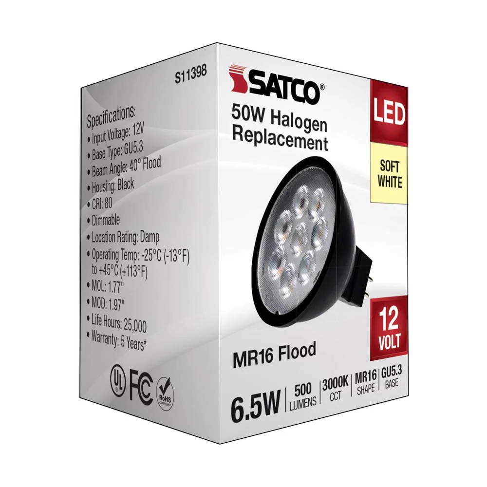 6.5W 12v MR16 LED 3000K GU5.3 Base 500LM Flood 40D Black Finish Bulb - Image 4