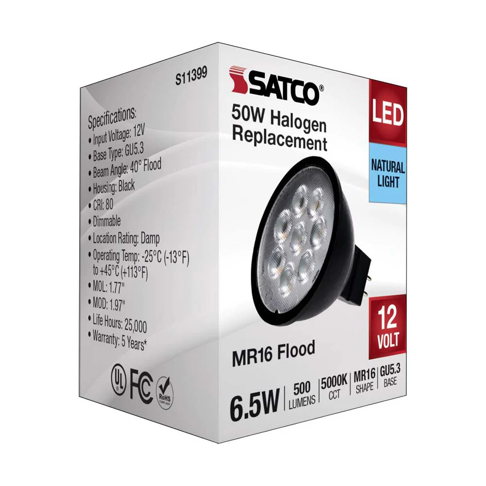 6.5W 12v MR16 LED 5000K GU5.3 Base 500LM Flood 40D Black Finish Bulb - Image 4