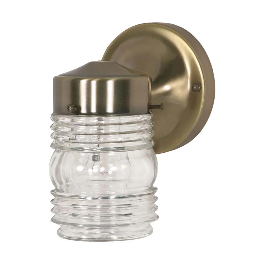 6-in Wall Mason Jar w/ Clear Glass Antique Brass Finish 120v