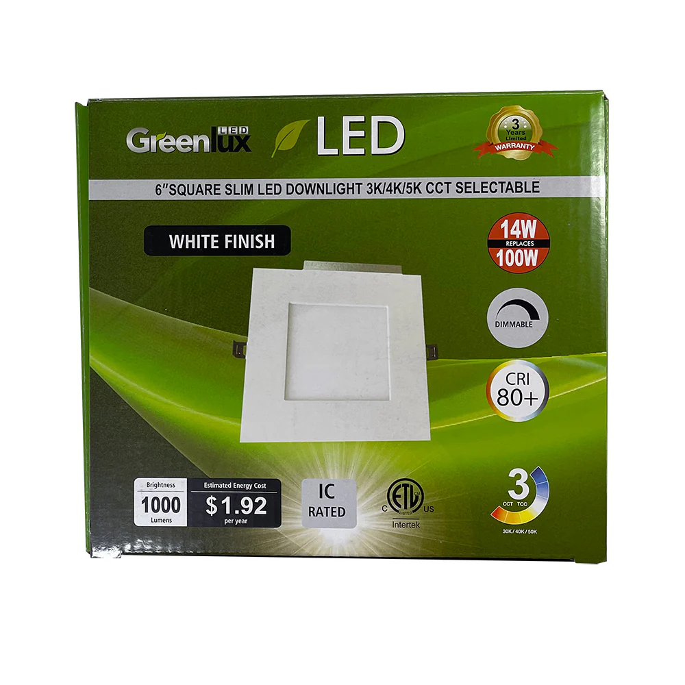 6in 14W LED Square Downlight 3K/4K/5K Selectable CCT Low Profile Dimmable - 65W Replacement - Image 3