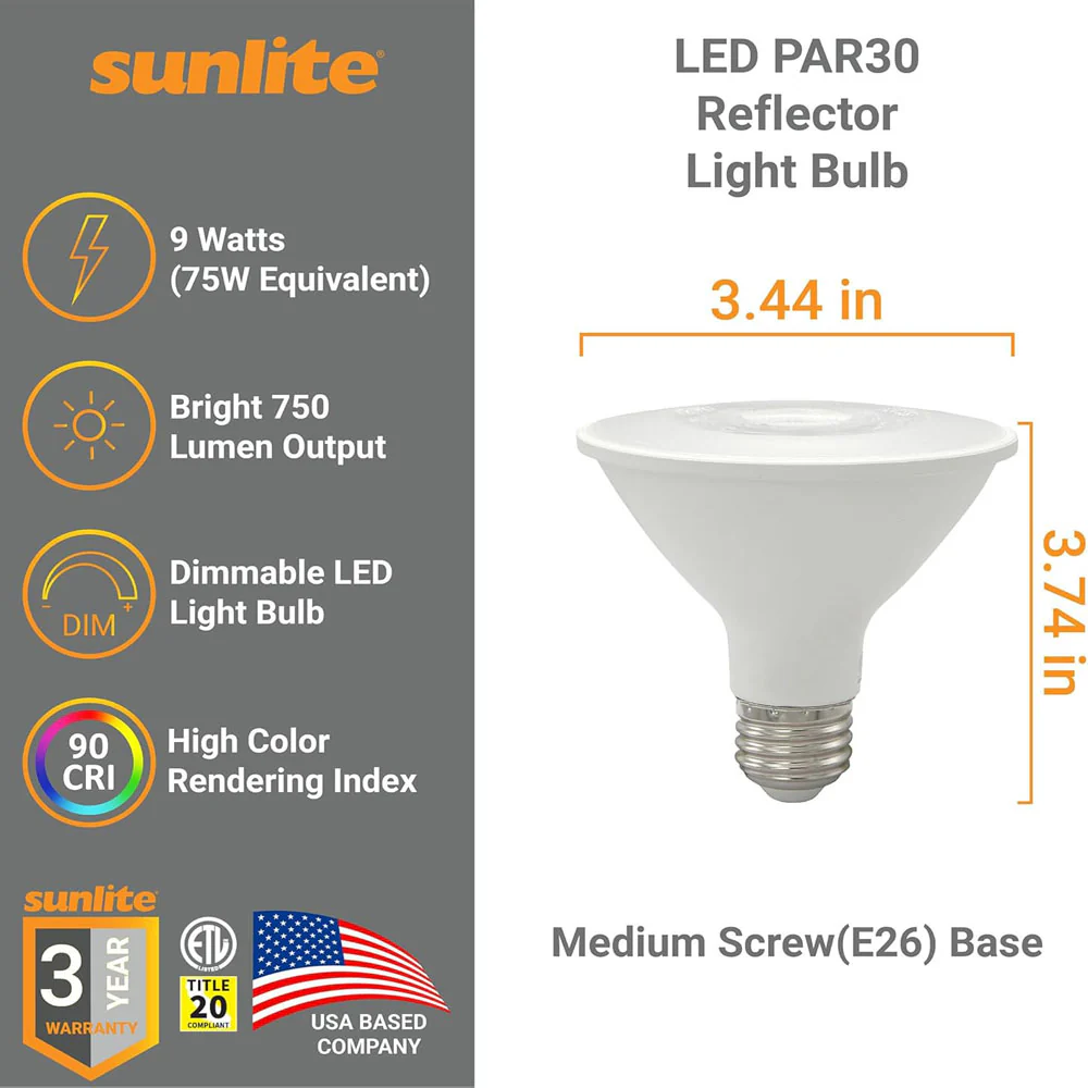 6Pk - 9w Short Neck LED PAR30 E26 Base 3000K Reflector Bulb - 75w equiv - Image 2