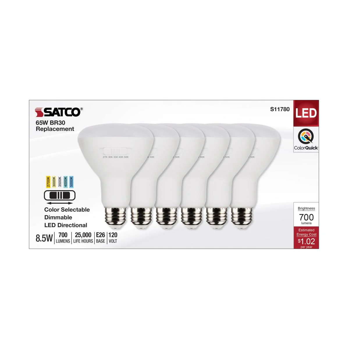 6Pk - Satco 8.5w BR30 LED 120v CCT Selectable 90 CRI White Finish Bulb - Image 3