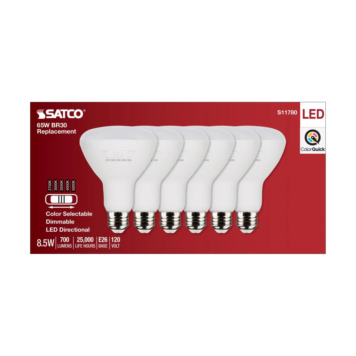 6Pk - Satco 8.5w BR30 LED 120v CCT Selectable 90 CRI White Finish Bulb - Image 4
