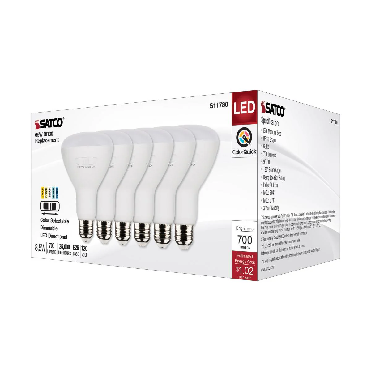 6Pk - Satco 8.5w BR30 LED 120v CCT Selectable 90 CRI White Finish Bulb - Image 5