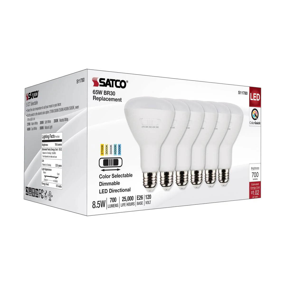 6Pk - Satco 8.5w BR30 LED 120v CCT Selectable 90 CRI White Finish Bulb - Image 6