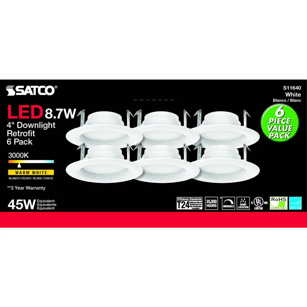 6Pk - Satco 8.7w LED 4-in 3000K Warm White Downlight Retrofit - Image 2
