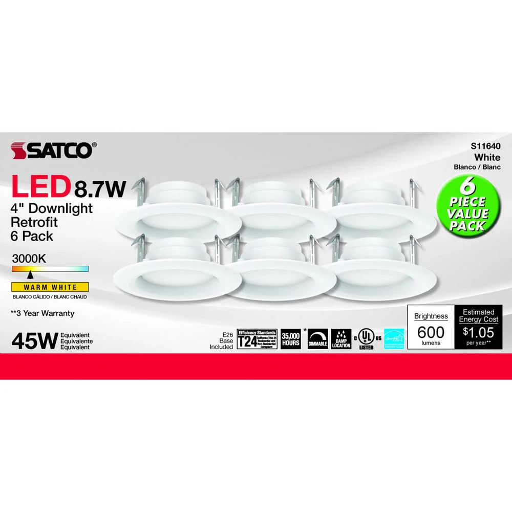 6Pk - Satco 8.7w LED 4-in 3000K Warm White Downlight Retrofit - Image 3