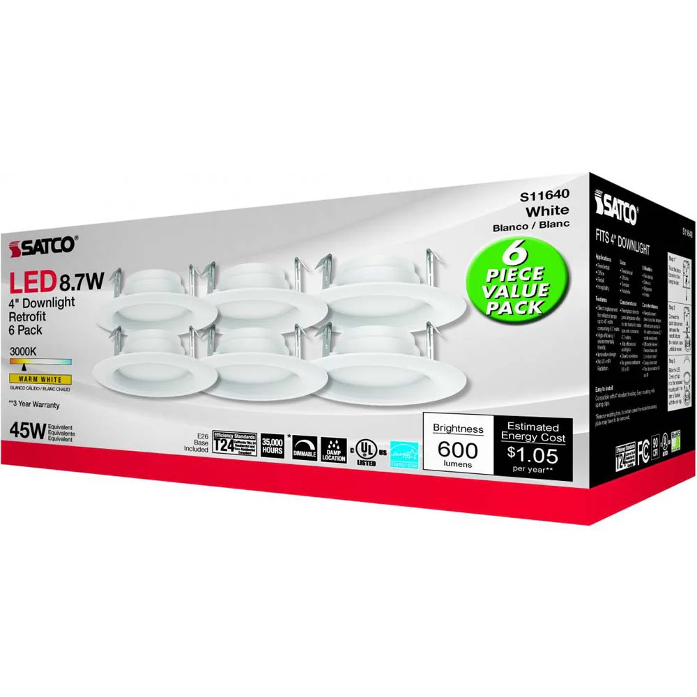 6Pk - Satco 8.7w LED 4-in 3000K Warm White Downlight Retrofit - Image 4